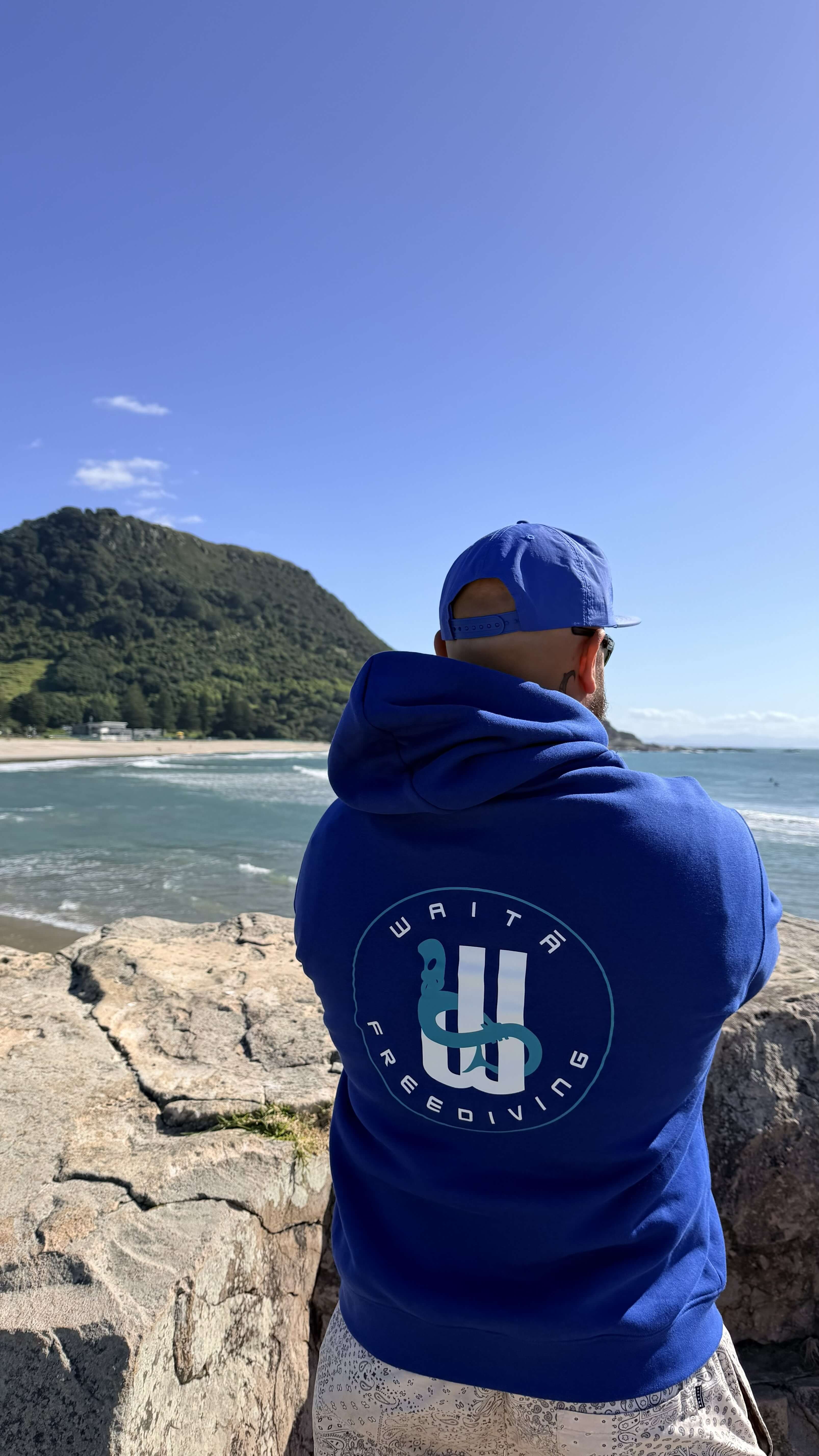 Waitā Poraka hoodie in kikorangi, back view