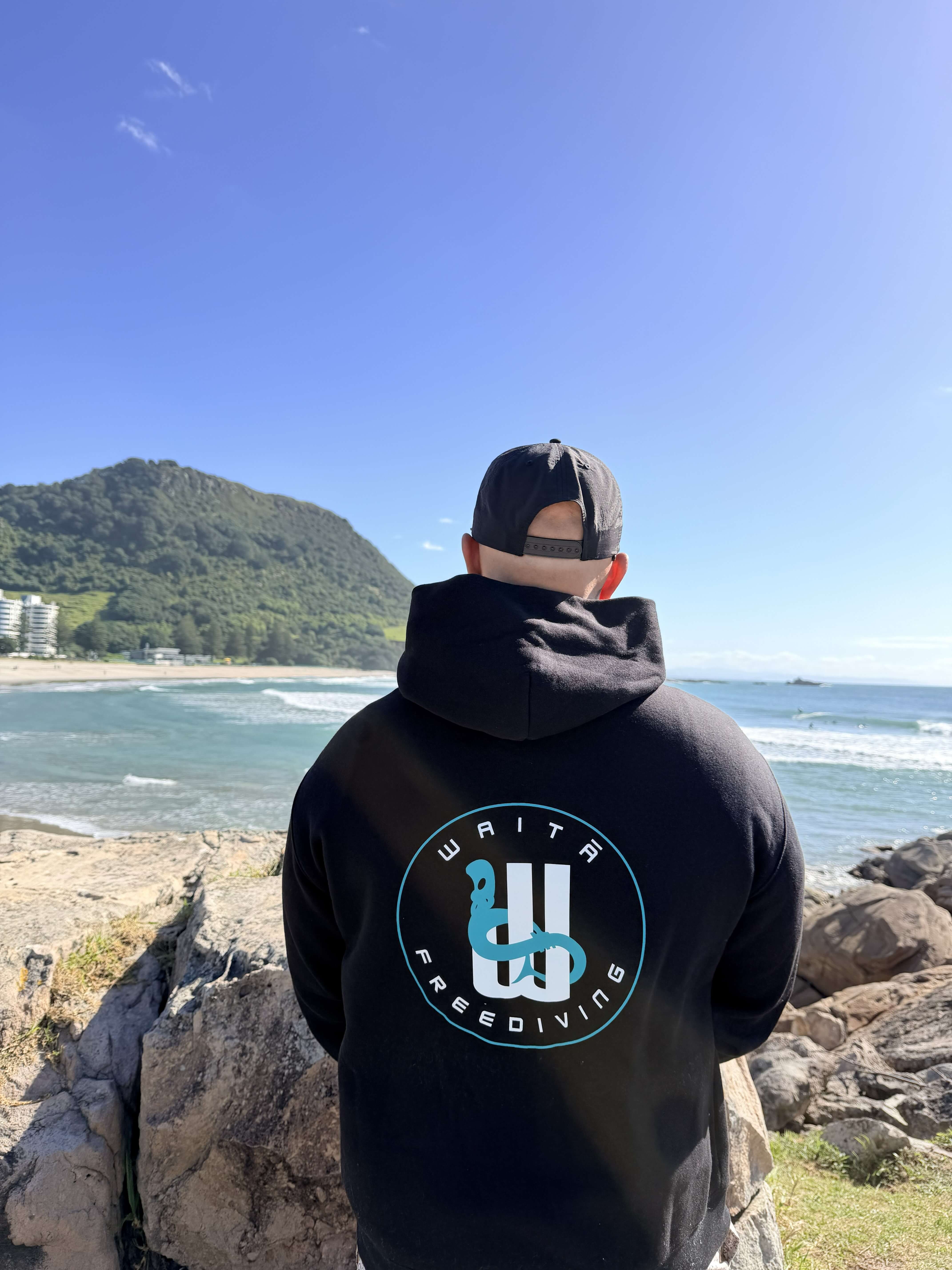 Waitā Poraka hoodie in pango, back view