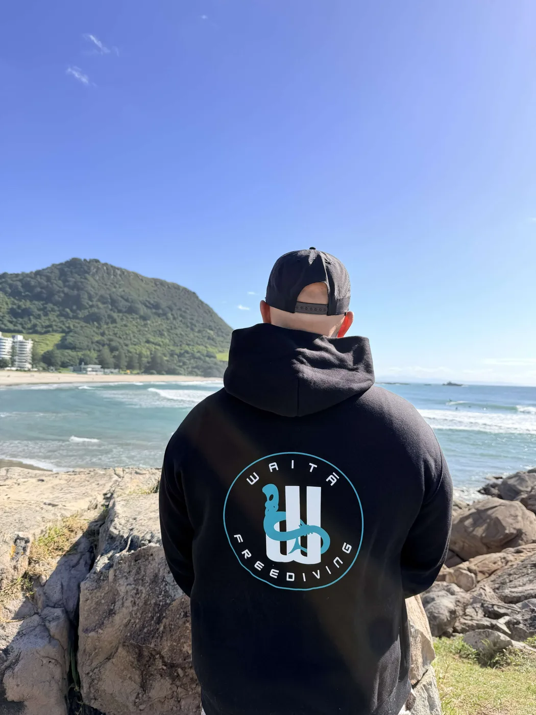 Waitā Poraka hoodie in pango, back view